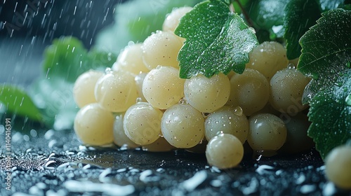 Fresh green grapes with water drops on dark background.