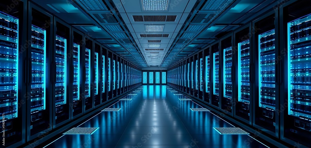 High-tech Data Center: Blue Illuminated Server Rows