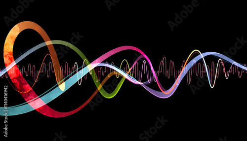 Abstract sound waves visualized as colorful pulsating ribbons on a black background, watercolor, with white tones