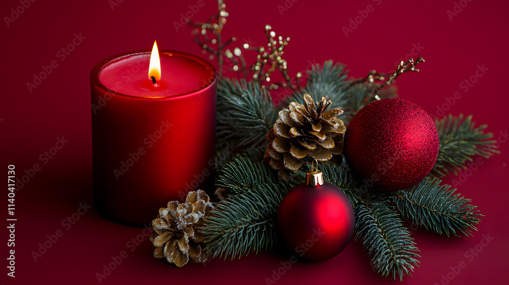 A red candle adorned with Christmas decorations. A red candle adorned with Christmas decorations.