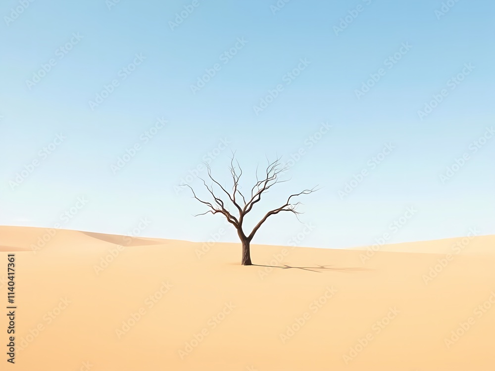 A solitary tree with bare branches in the middle of a desert, with blue sky, minimalist painting art A solitary tree with bare branches in the middle of a desert, with blue sky, minimalist painting art