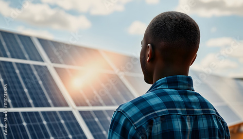 African father with little son standing at the solar power plant, Backside view, close-up, with white tones