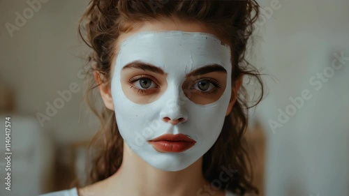 A girl with a mask on her face looks at the camera.