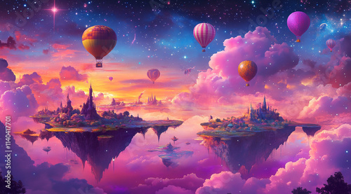 Beautiful fantasy landscape with floating island, dreamy clouds photo