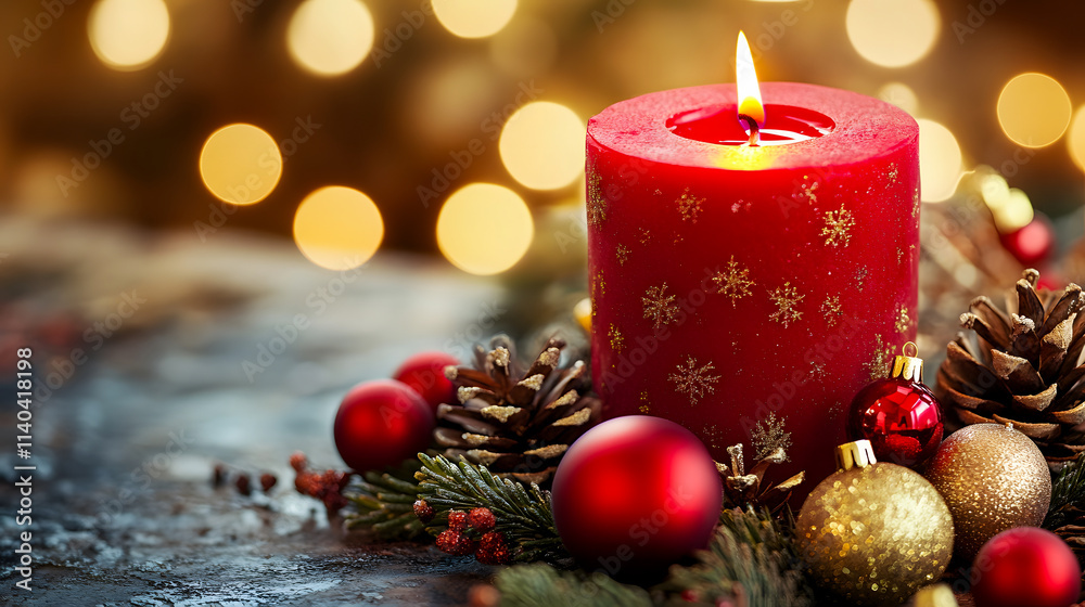 © mahamad - A red candle adorned with Christmas decorations.