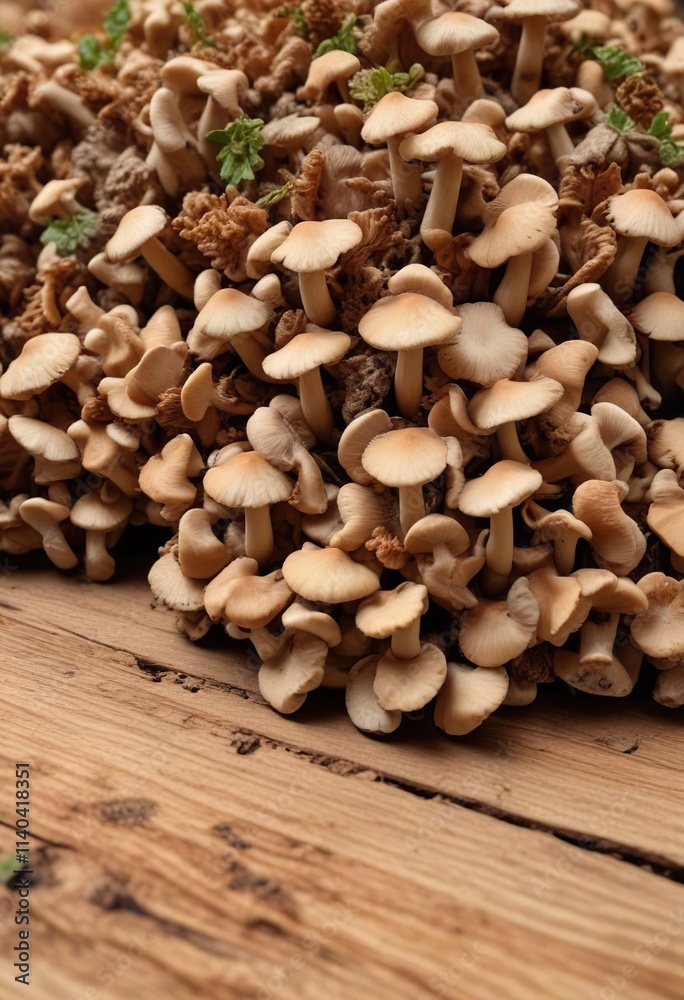 Brown beech mushroom clusters growing in a heap on a natural woodgrain background, forest floor, brown caps, fungi Brown beech mushroom clusters growing in a heap on a natural woodgrain background, forest floor, brown caps, fungi