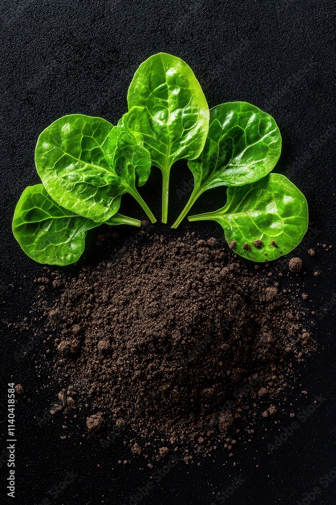 Naklejka premium Fresh spinach leaves emerging from rich, dark soil on a black background.