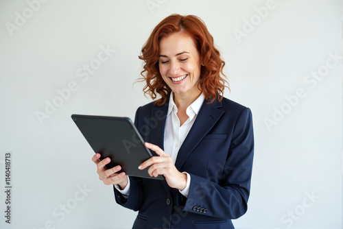 smiling woman with fair skin and shoulder-length, curly red hair, wearing a navy blue blazer, She is holding a black tablet, appearing engaged and happy. The background is a plain white