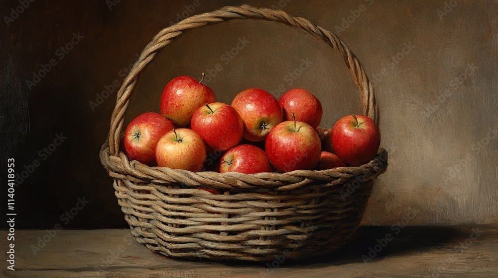 Red apples in a rustic wicker basket on a wooden surface. Red apples in a rustic wicker basket on a wooden surface.