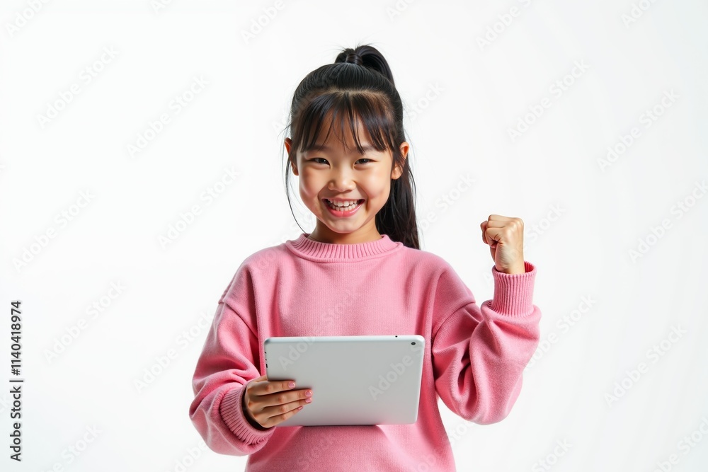 young girl with light brown hair, smiling widely. holding a tablet with hand. She has her right arm raised young girl with light brown hair, smiling widely. holding a tablet with hand. She has her right arm raised