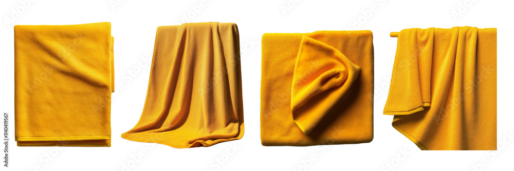 The image features various draped yellow fabric pieces arranged in different folds and forms. The image features various draped yellow fabric pieces arranged in different folds and forms.