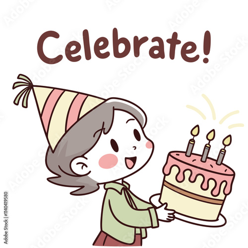 Cheerful Child Holding Birthday Cake with Candles and Party Hat for Celebration and Joyful Moments