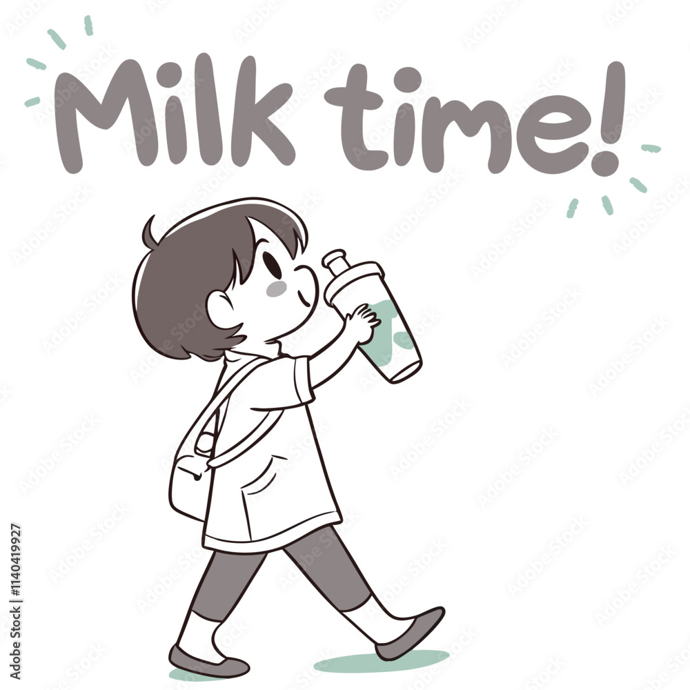Cute Cartoon Character Enjoying Milk with Cheerful Text and Playful Design Elements Cute Cartoon Character Enjoying Milk with Cheerful Text and Playful Design Elements