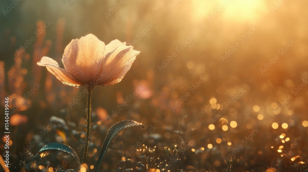 Obraz premium A delicate flower stands illuminated by soft light, surrounded by a dreamy, golden atmosphere, evoking a sense of tranquility and beauty.