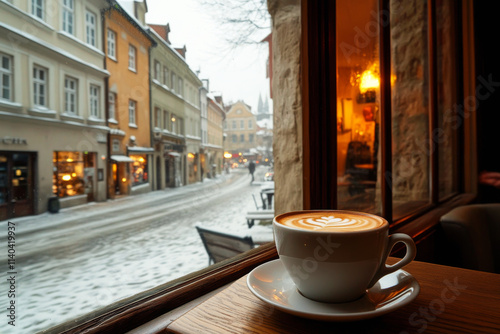 Cup of coffee on wooden table near window in cozy cafe with view on snowy city street at winter day. Beautiful place for breakfast in old town photo