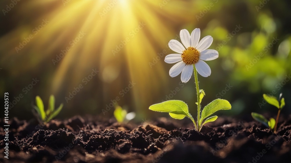 A radiant daisy blooms in rich soil, illuminated by warm sunlight, symbolizing growth and the beauty of nature. A radiant daisy blooms in rich soil, illuminated by warm sunlight, symbolizing growth and the beauty of nature.