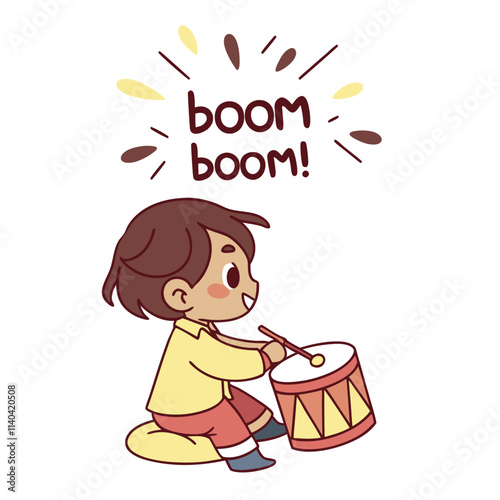 Cute Child Playing Drum with Fun Sound Bubbles in a Cartoon Style Illustration