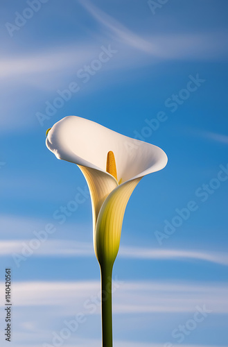 Beautiful Calla Lilies in the morning, bathed in soft sunlight. The elegant white petals and vibrant green leaves create a serene and aesthetic scene. Created With Generative AI. photo