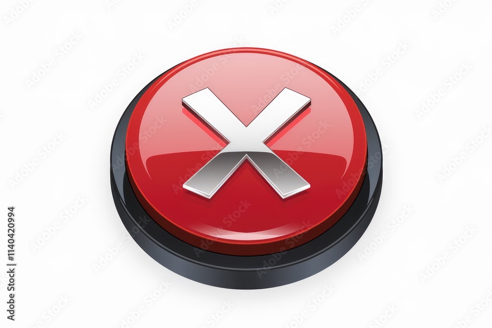A red button with a metallic X signifying cancellation denial or rejection. A red button with a metallic X signifying cancellation denial or rejection.