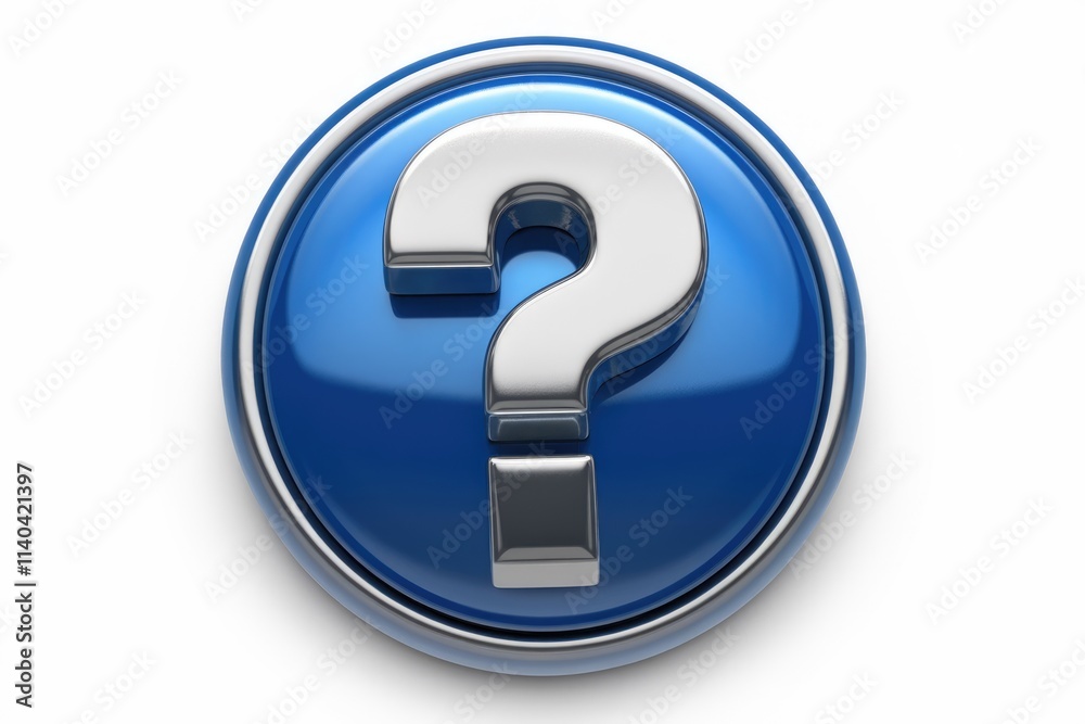 A blue button with a metallic question mark symbolizing inquiry and help. A blue button with a metallic question mark symbolizing inquiry and help.