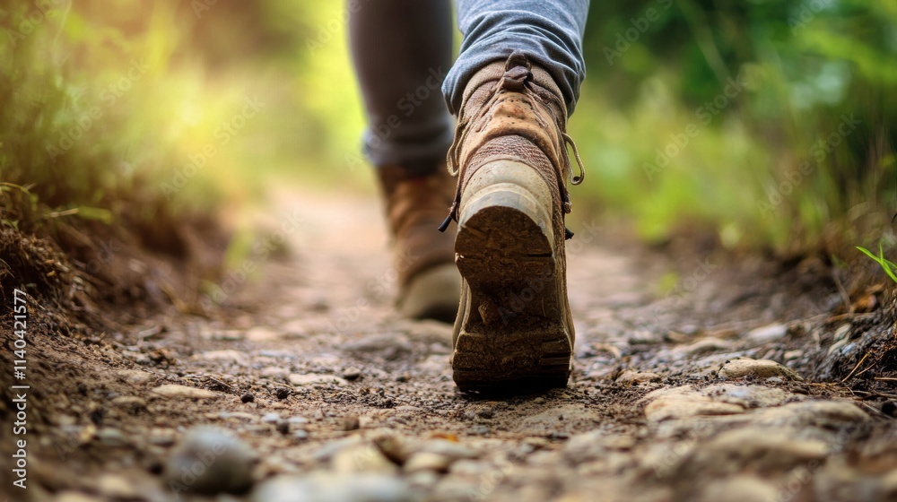 A person walks along a rocky path in nature, wearing hiking boots, surrounded by greenery and sunlight filtering through the trees. A person walks along a rocky path in nature, wearing hiking boots, surrounded by greenery and sunlight filtering through the trees.