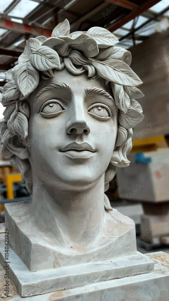Detailed sculpture of a youthful figure adorned with leaves crafted in a workshop highlighting the artistry involved in stone carving Detailed sculpture of a youthful figure adorned with leaves crafted in a workshop highlighting the artistry involved in stone carving