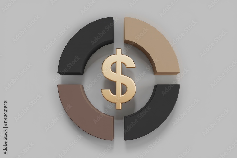 Obraz premium Gold dollar sign in a segmented circle representing financial sectors or budget allocation.
