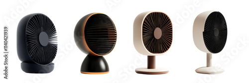 A collection of modern desk fans featuring varied designs, colors, and shapes, emphasizing sleek aesthetics and functionality.