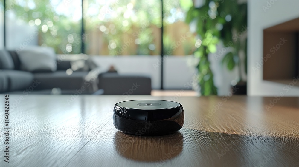 Modern Smart Home Device on Wooden Surface in Bright Living Room with Lush Green Plants and Open Space Design, Showcasing Technology and Elegance Modern Smart Home Device on Wooden Surface in Bright Living Room with Lush Green Plants and Open Space Design, Showcasing Technology and Elegance