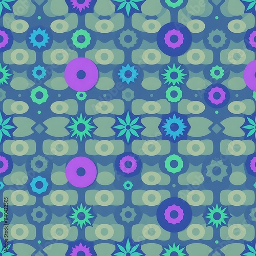 Retro Geometric Pattern: A vibrant and playful pattern featuring a retro design. The image bursts with color and energy, featuring a mix of circles and stars in a repeating pattern. photo