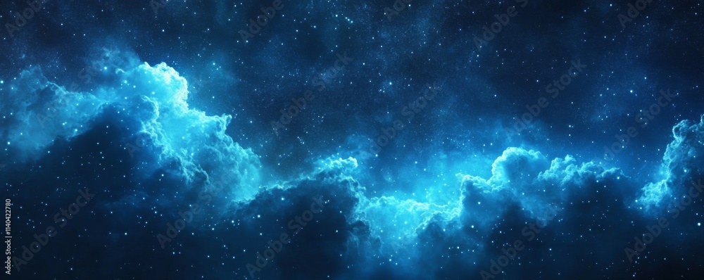 Fototapeta premium Beautiful Sky with Aurora and Stars. Blue Northern Lights Wallpaper with copy-space.