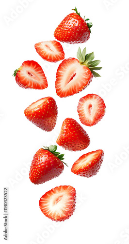 Fresh strawberries falling png isolated on transparent background
