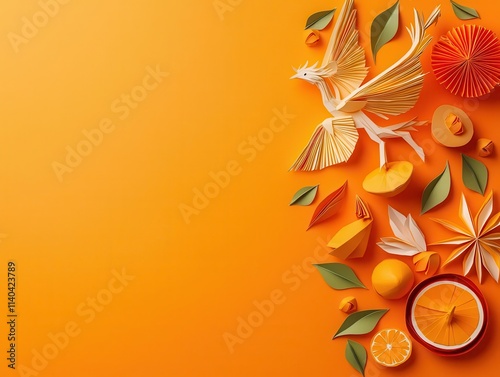 Origami dragon and phoenix entwined over a Chinese New Year feast in vibrant papercut style
