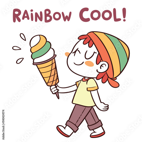 Joyful Child Enjoying Colorful Ice Cream Cone in Summery Setting with Cheerful Expression