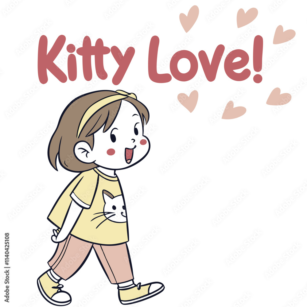 Cute Illustration of a Girl Walking with a Cat Theme and Heart Decorations Cute Illustration of a Girl Walking with a Cat Theme and Heart Decorations