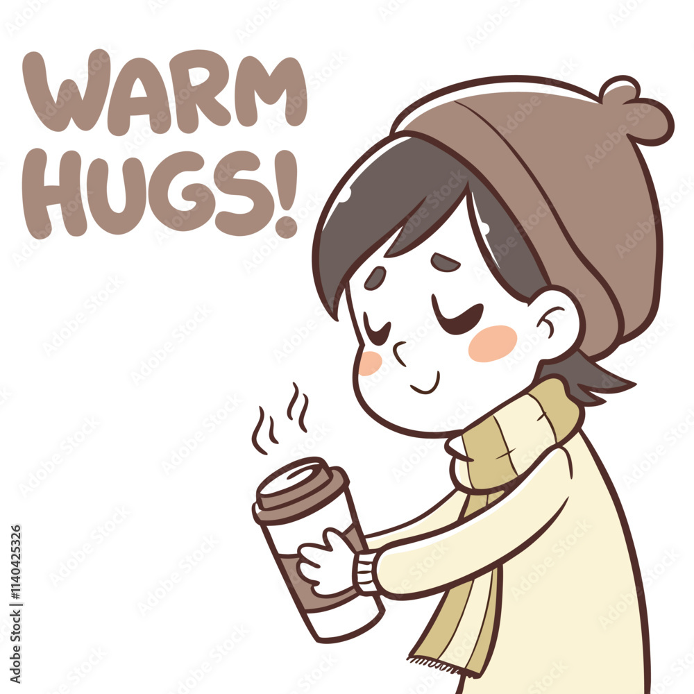 Cozy Cartoon Character Enjoying Warm Hugs with Coffee Cup in Winter Scenery Cozy Cartoon Character Enjoying Warm Hugs with Coffee Cup in Winter Scenery