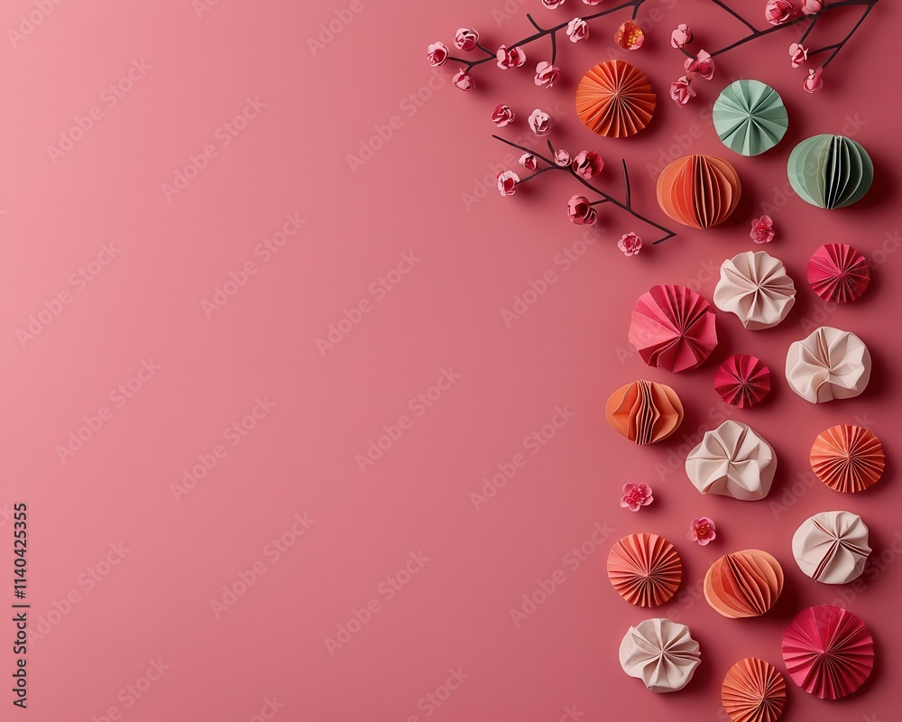 Obraz premium Intricate origami dumplings with vibrant Chinese New Year lanterns, papercut style, symbolizing festive traditions and culinary art