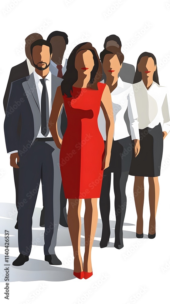 A group of business people standing, with one woman in a red dress as the leader A group of business people standing, with one woman in a red dress as the leader