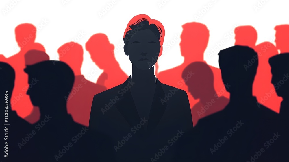 A group of business people standing, with one woman in a red dress as the leader A group of business people standing, with one woman in a red dress as the leader