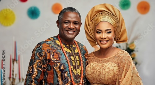 Elegant african couple in traditional nigerian attire at a festive celebration