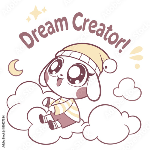 Cute Cartoon Character Sitting on Clouds with Text "Dream Creator" in Pastel Colors