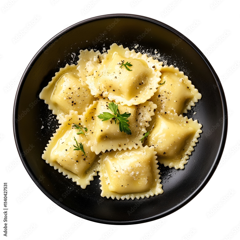 Top view of ravioli on a dark dish isolated on a white transparent background Top view of ravioli on a dark dish isolated on a white transparent background