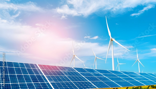 Solar farm or wind turbines generate clean energy against a backdrop of blue skies, showcasing sustainable energy sources, watercolor, with white tones