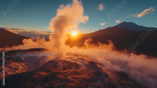 Sunrise over El Tatio Geysers, Chile: A Breathtaking Volcanic Landscape photo