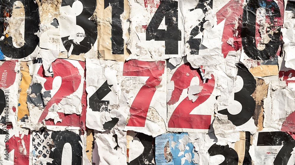 Obraz premium Torn posters reveal loudly layered numeric patterns photo closeup.. AI Generated