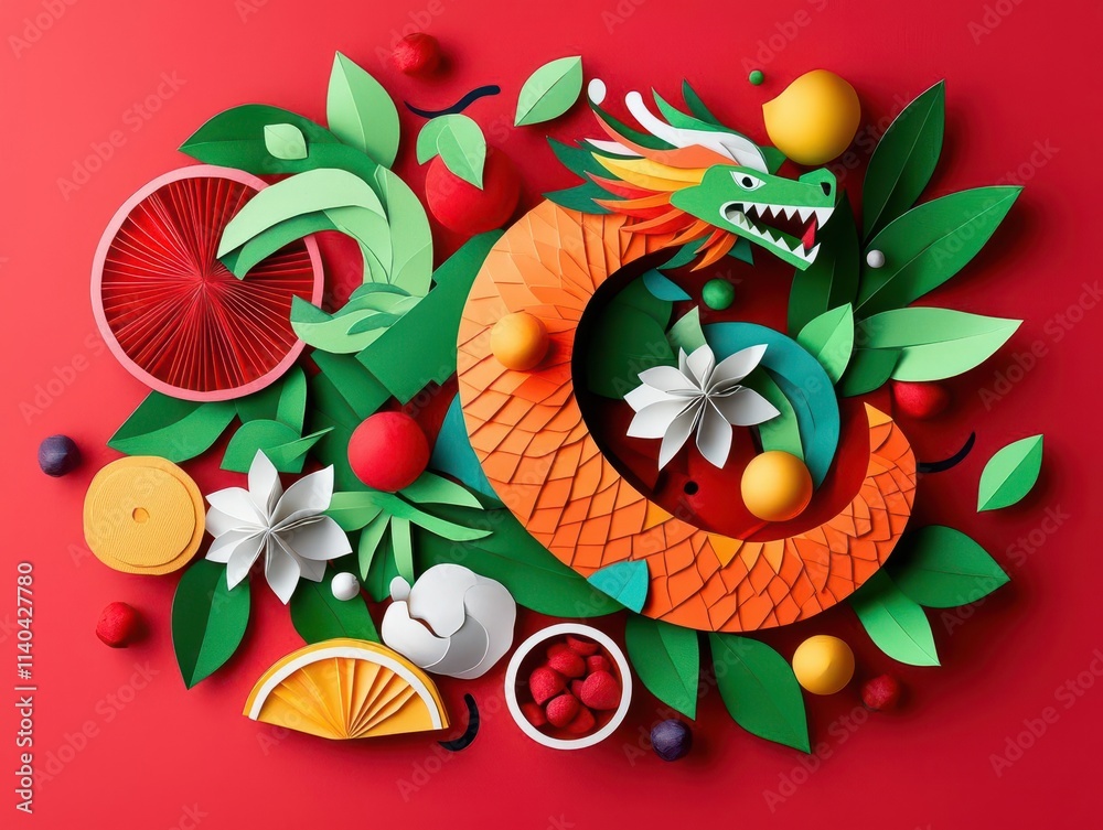 Obraz premium A Chinese New Year papercut collage featuring origami dragons, food, and zodiac animals