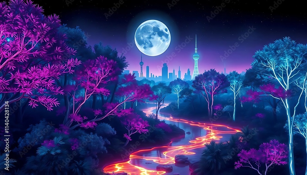 Obraz premium Enchanted Night: Cityscape and Luminous Forest
