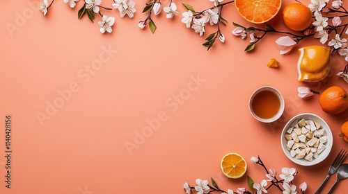 Papercutstyle cherry blossom branches over a table of origamiinspired festive foods and decorations photo