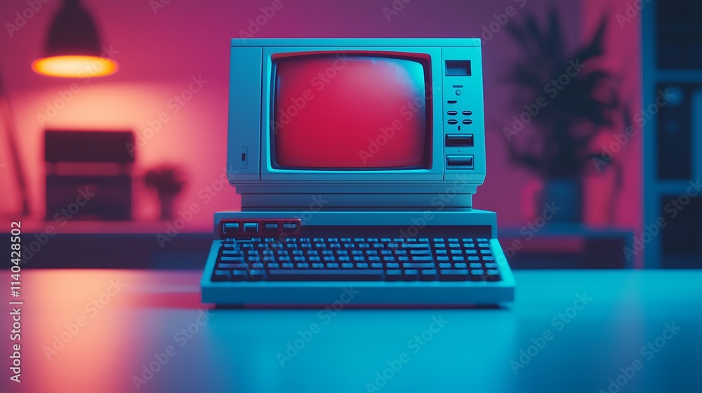 A retro computer with a vibrant red screen sits on a table, illuminated by colorful lighting, creating a nostalgic and futuristic atmosphere. A retro computer with a vibrant red screen sits on a table, illuminated by colorful lighting, creating a nostalgic and futuristic atmosphere.