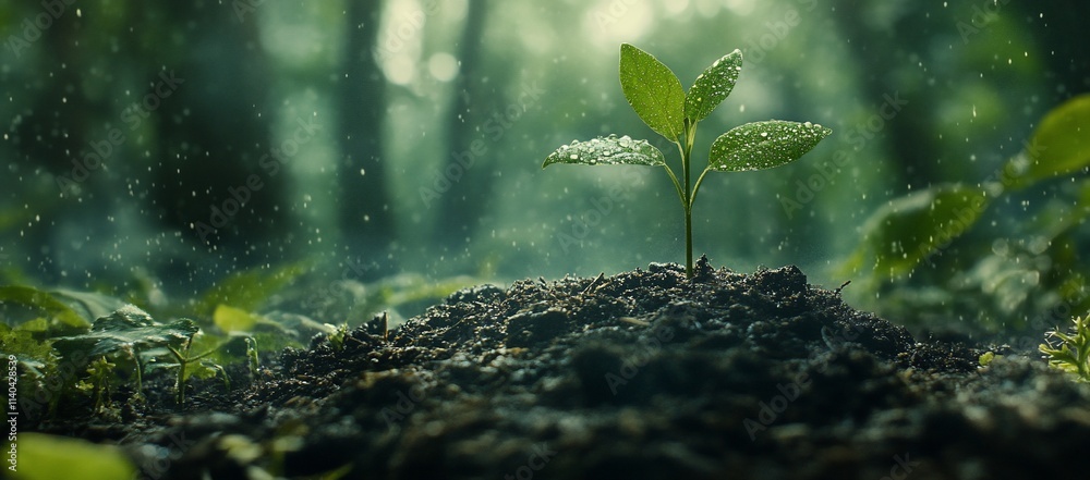 A small plant sprout growing in dark soil under rain in a forest. A small plant sprout growing in dark soil under rain in a forest.